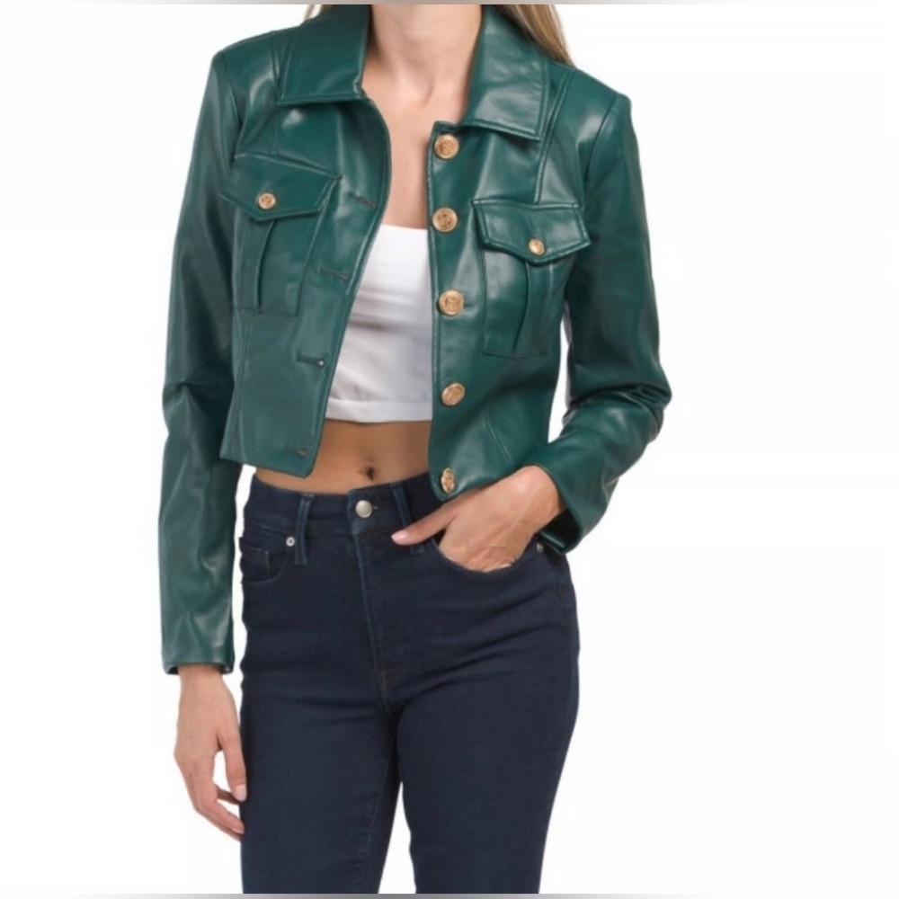 Green Women's Faux Leather Cropped Jacket
